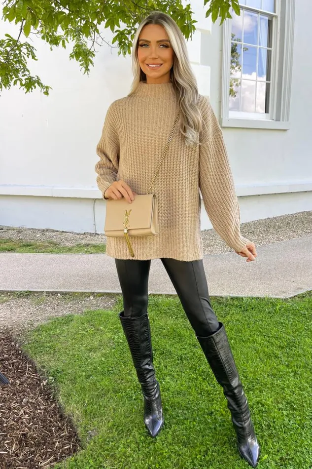 AX Paris Knitwear Oatmeal Mock Neck Oversized Knit Jumper