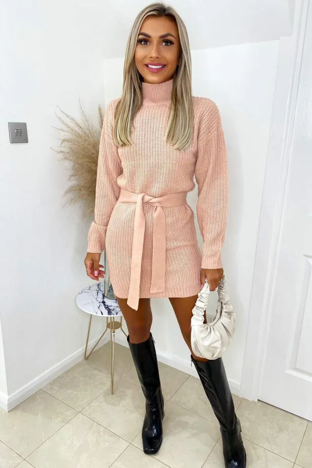 AX Paris Knitwear Pink High Neck Belted Knitted Jumper Dress