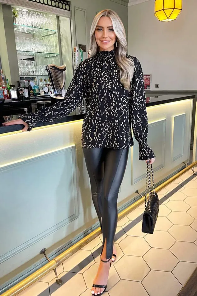 AX Paris Tops Black And Stone Animal Print High Neck Blouse