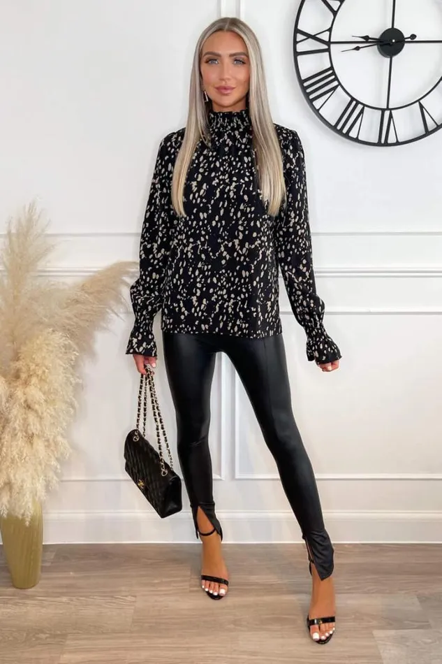 AX Paris Tops Black And Stone Animal Print High Neck Blouse