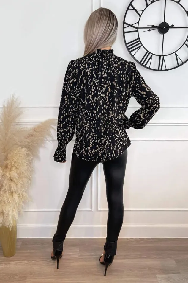 AX Paris Tops Black And Stone Animal Print High Neck Blouse