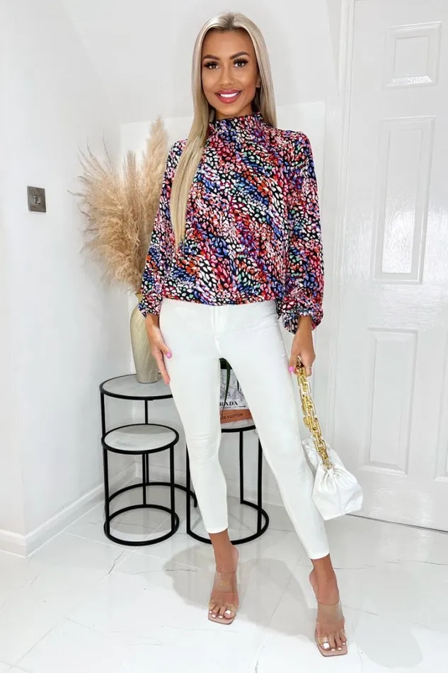 AX Paris Tops Multi Animal Print High Ruffle Neck Long Sleeve Blouse