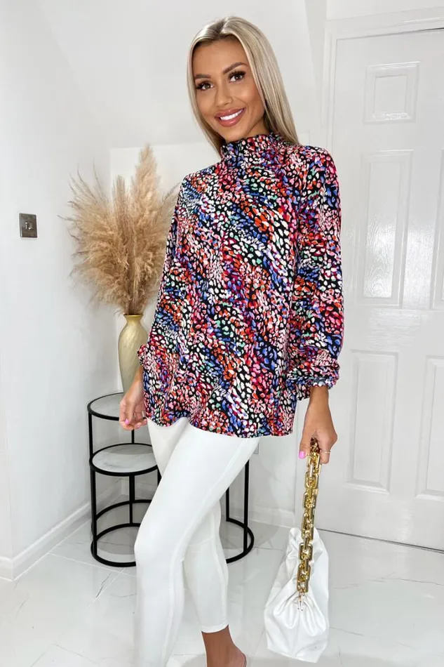 AX Paris Tops Multi Animal Print High Ruffle Neck Long Sleeve Blouse