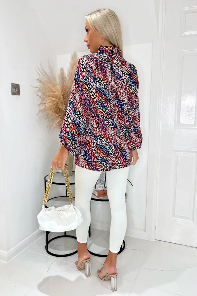 AX Paris Tops Multi Animal Print High Ruffle Neck Long Sleeve Blouse