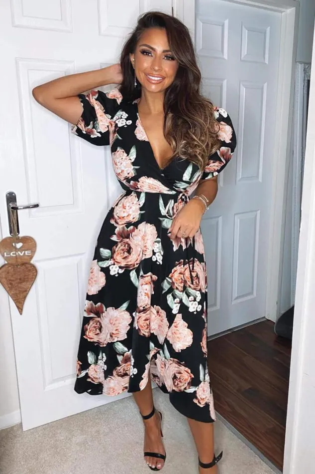 AX Paris Wedding Guest Dresses Black Rose Printed Wrap Midi Dress