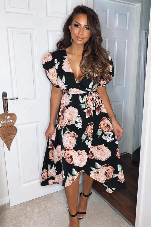 AX Paris Wedding Guest Dresses Black Rose Printed Wrap Midi Dress