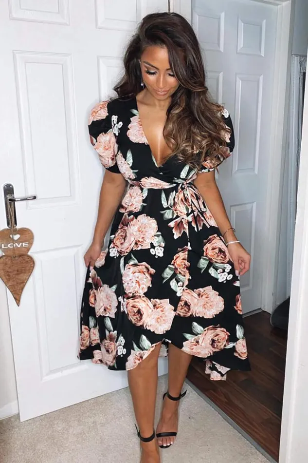 AX Paris Wedding Guest Dresses Black Rose Printed Wrap Midi Dress