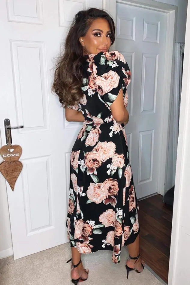 AX Paris Wedding Guest Dresses Black Rose Printed Wrap Midi Dress