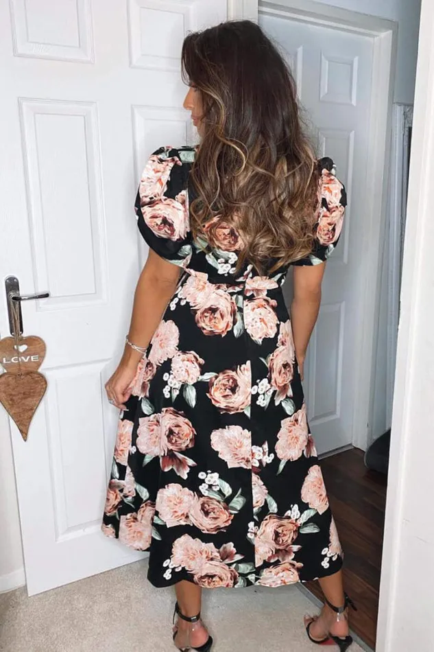 AX Paris Wedding Guest Dresses Black Rose Printed Wrap Midi Dress
