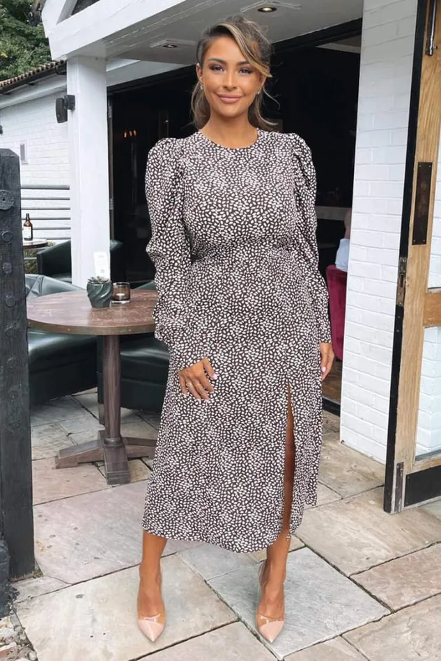 AX Paris Wedding Guest Dresses Brown Printed Long Sleeve Split Leg Midi Dress