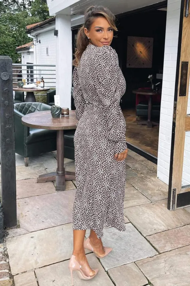 AX Paris Wedding Guest Dresses Brown Printed Long Sleeve Split Leg Midi Dress