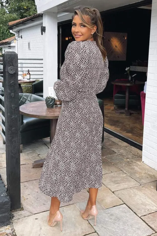 AX Paris Wedding Guest Dresses Brown Printed Long Sleeve Split Leg Midi Dress
