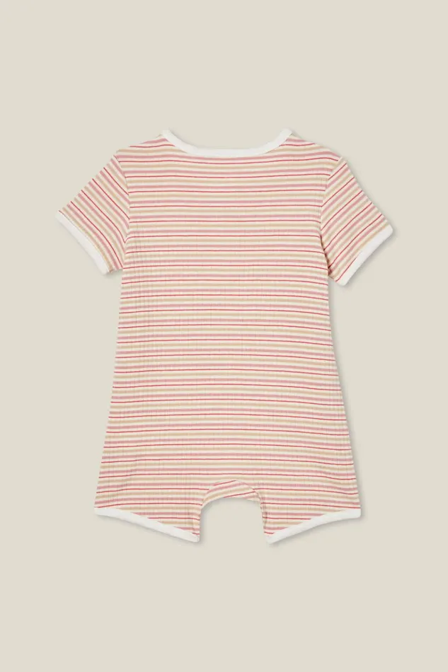 Baby Rompers and Bubbysuits Cotton On The Billie Short Sleeve Zip Romper Vanillacali Pink Stripe