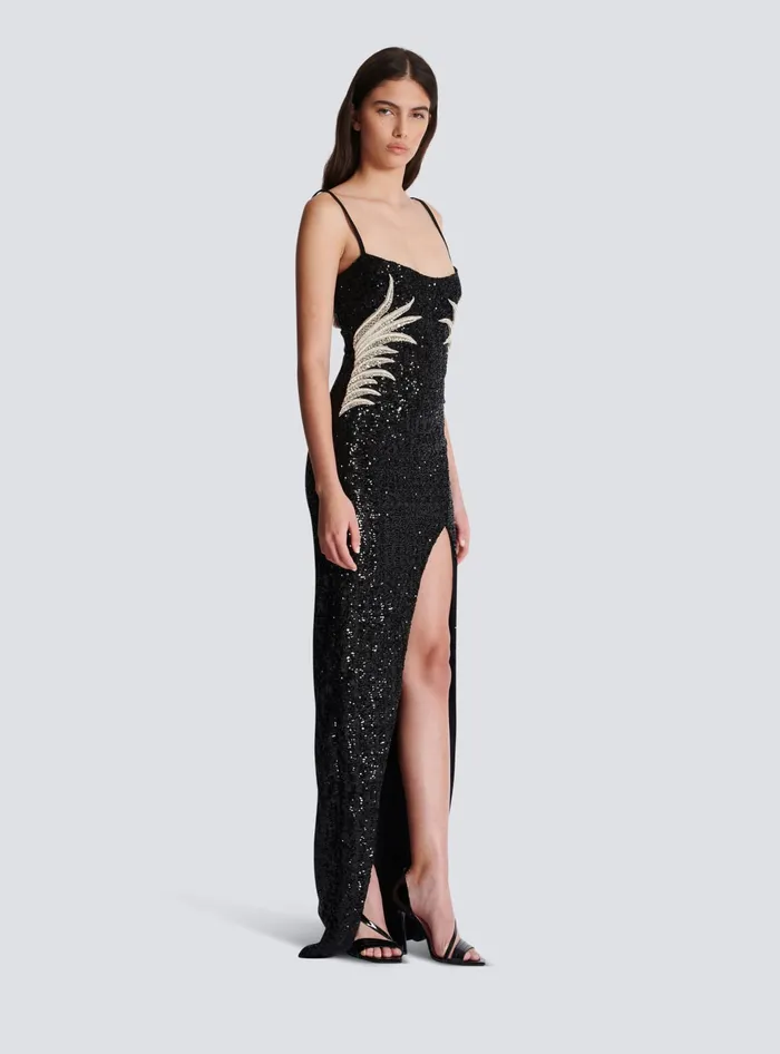 Balmain Dresses Women Long Sequin Palm Tree Dress Black