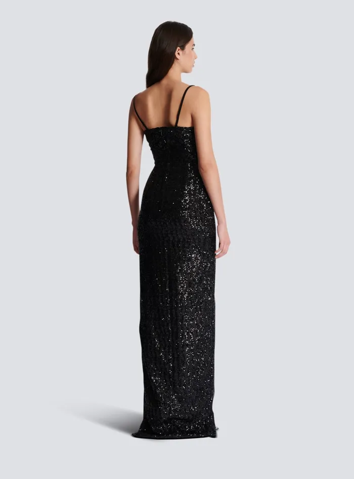 Balmain Dresses Women Long Sequin Palm Tree Dress Black