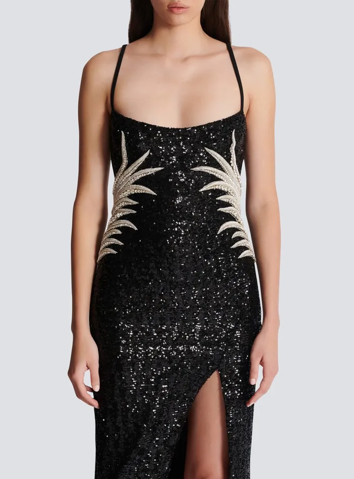 Balmain Dresses Women Long Sequin Palm Tree Dress Black