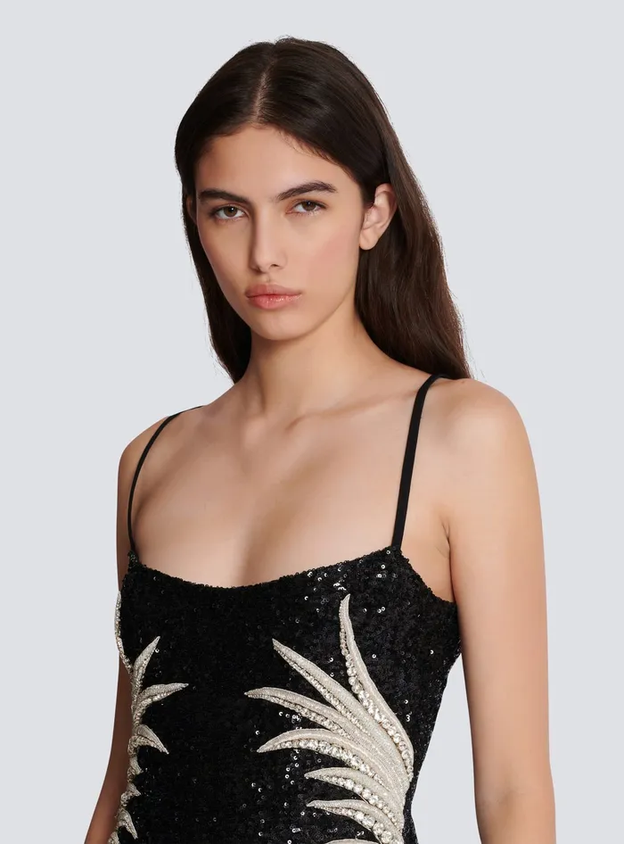 Balmain Dresses Women Long Sequin Palm Tree Dress Black