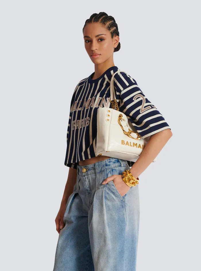 Balmain Handbags Women Small 1945 Soft Bag In Embossed Crackled Calfskin With A PB Labyrinth Monogram White