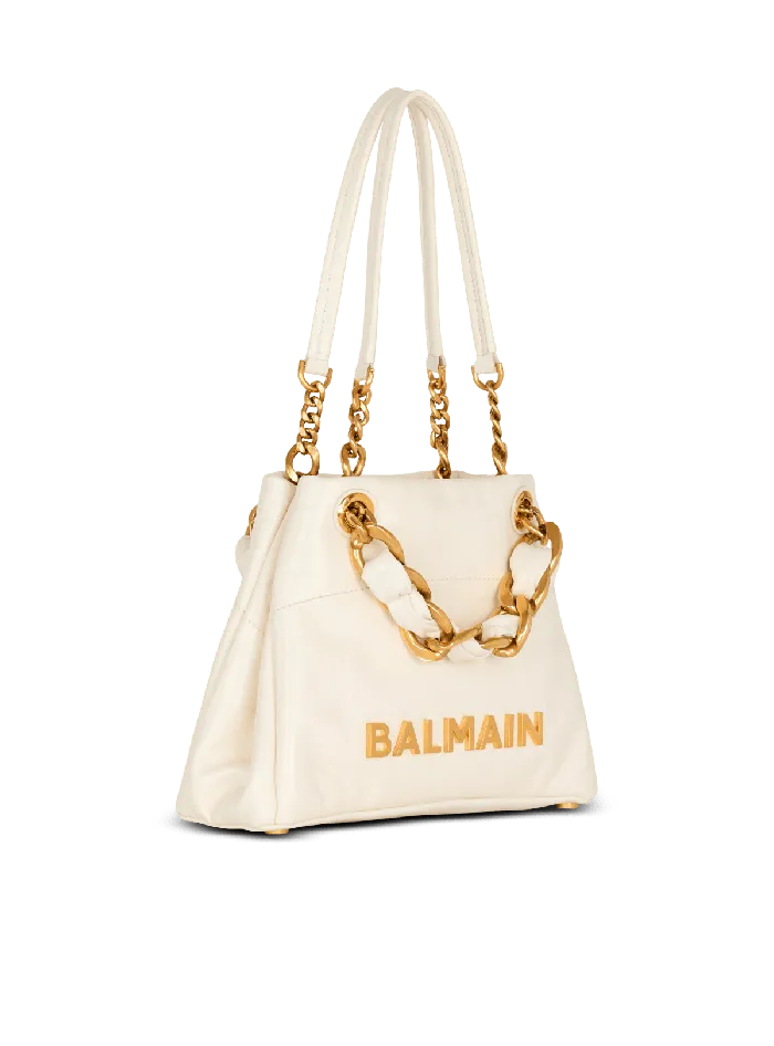 Balmain Handbags Women Small 1945 Soft Bag In Embossed Crackled Calfskin With A PB Labyrinth Monogram White