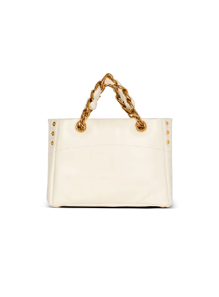 Balmain Handbags Women Small 1945 Soft Bag In Embossed Crackled Calfskin With A PB Labyrinth Monogram White