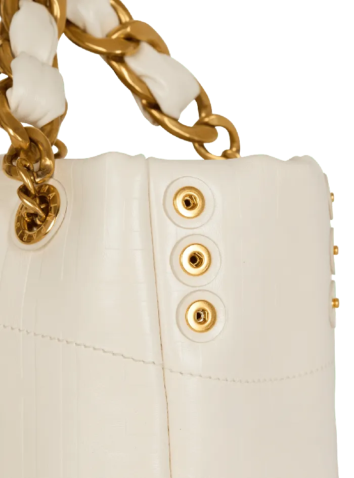 Balmain Handbags Women Small 1945 Soft Bag In Embossed Crackled Calfskin With A PB Labyrinth Monogram White