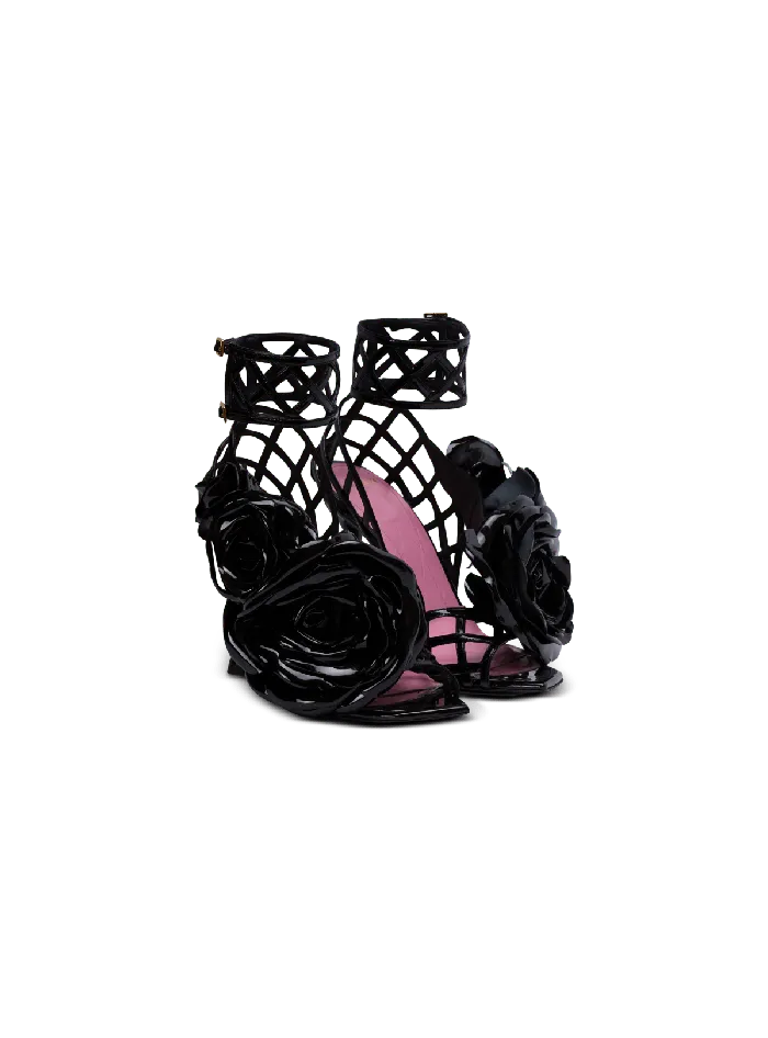 Balmain High Heels and Pumps Women Patent Leather Eden Sandals With Flowers Black