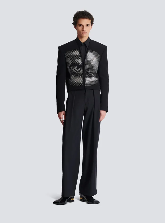 Balmain Jackets And Blazers Men Cropped Crepe Jacket With Crystals In An Eye Motif Black