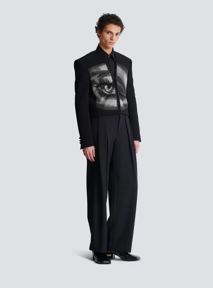 Balmain Jackets And Blazers Men Cropped Crepe Jacket With Crystals In An Eye Motif Black