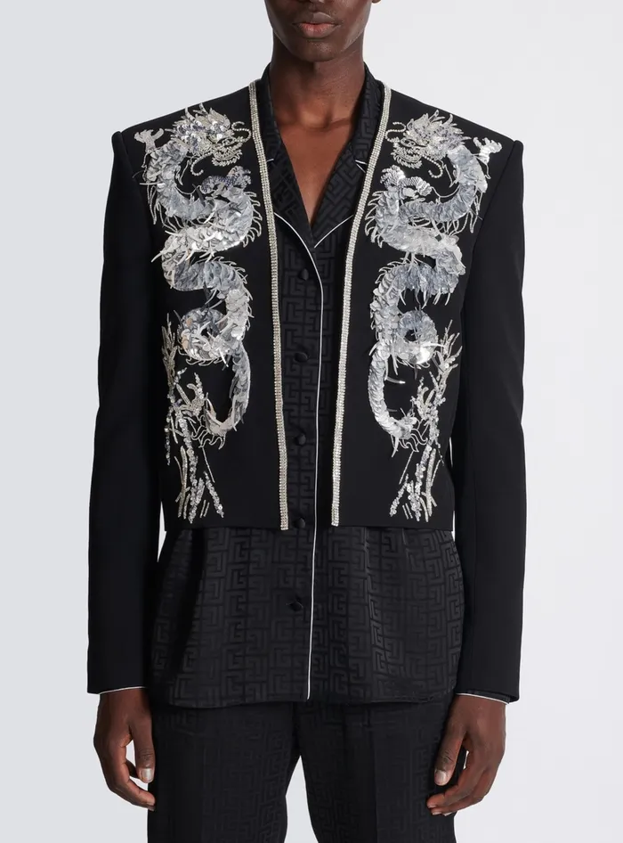 Balmain Jackets And Blazers Men Dragon Embroidered Spencer Jacket Black