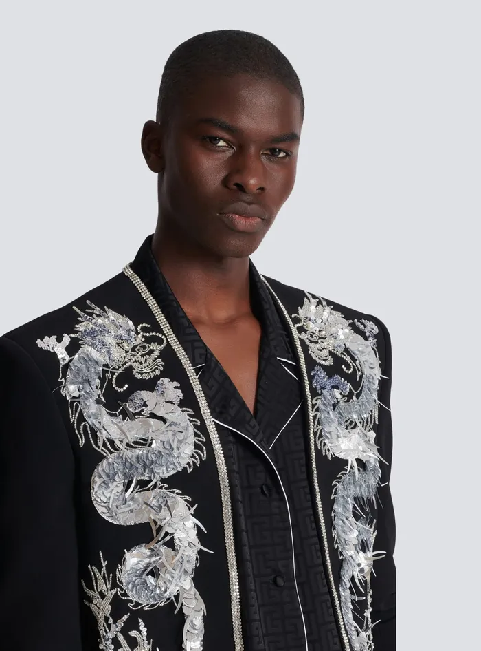 Balmain Jackets And Blazers Men Dragon Embroidered Spencer Jacket Black