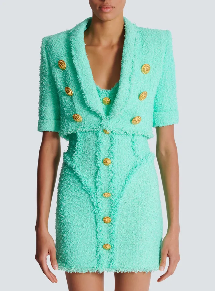 Balmain Jackets And Blazers Women 6button Cropped Tweed Jacket Blue