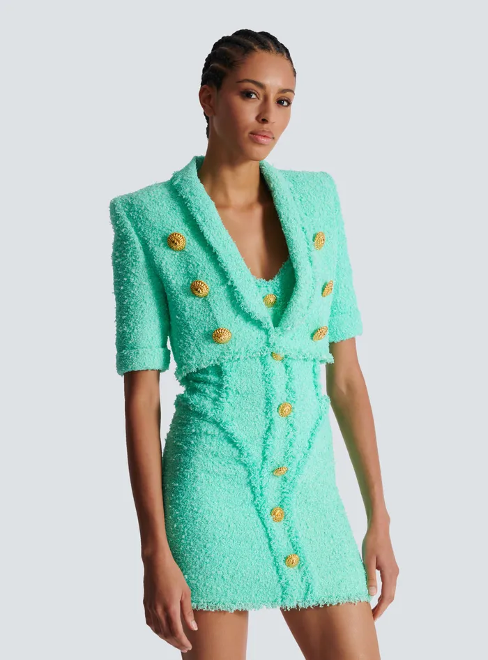 Balmain Jackets And Blazers Women 6button Cropped Tweed Jacket Blue