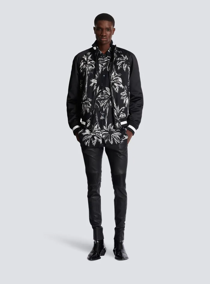 Balmain Outerwear Men Printed Satin Palm Tree Bomber Jacket Black