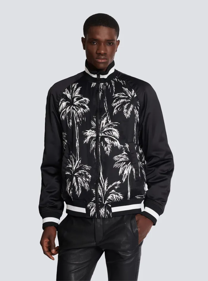 Balmain Outerwear Men Printed Satin Palm Tree Bomber Jacket Black
