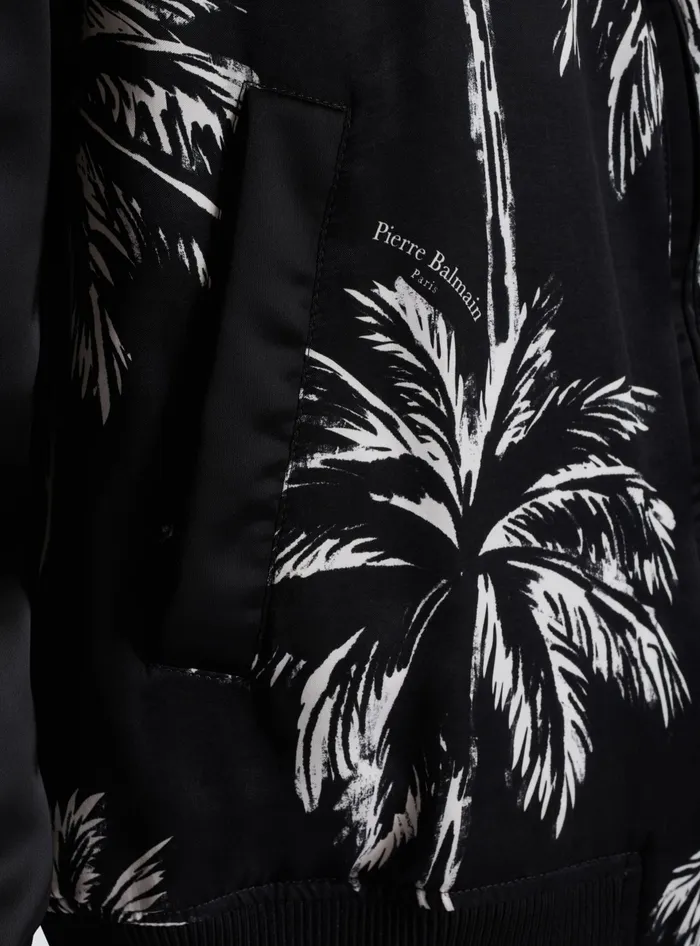 Balmain Outerwear Men Printed Satin Palm Tree Bomber Jacket Black