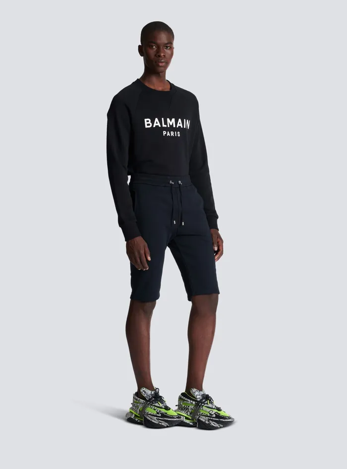 Balmain Sportswear Men Cotton Shorts With Flocked Paris Logo Black