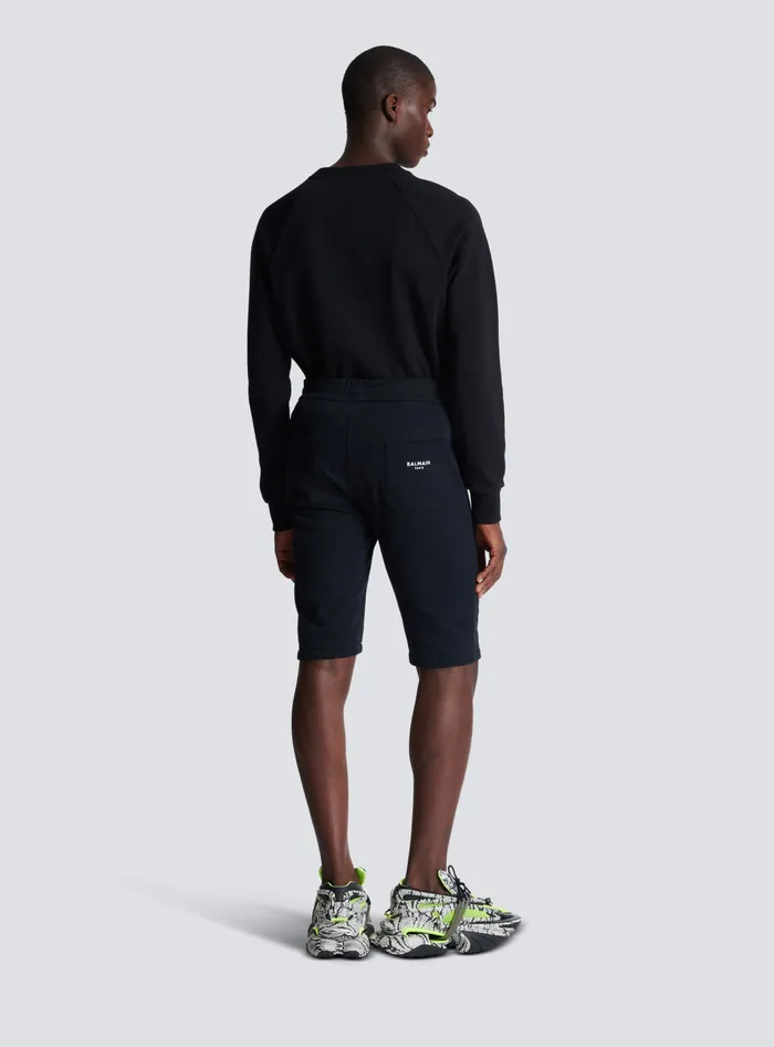 Balmain Sportswear Men Cotton Shorts With Flocked Paris Logo Black