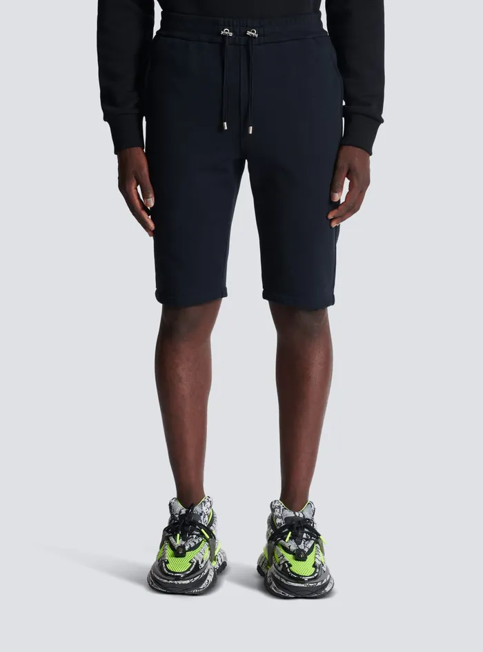 Balmain Sportswear Men Cotton Shorts With Flocked Paris Logo Black