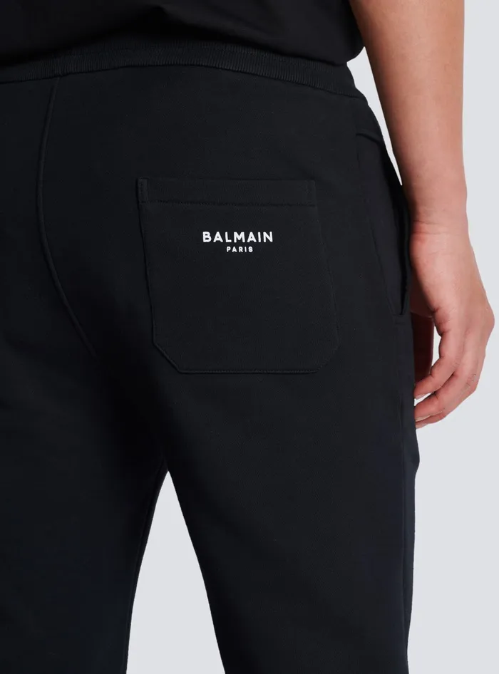 Balmain Sportswear Men Cotton Shorts With Flocked Paris Logo Black