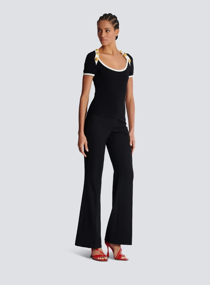 Balmain TShirts Women Twotone Tshirt With Button Details Black