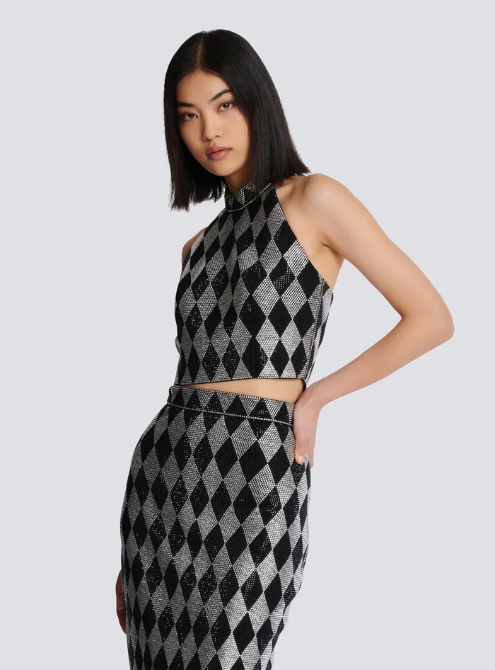 Balmain Tops And Shirts Women Diamond Rhinestone Halterneck Top Black