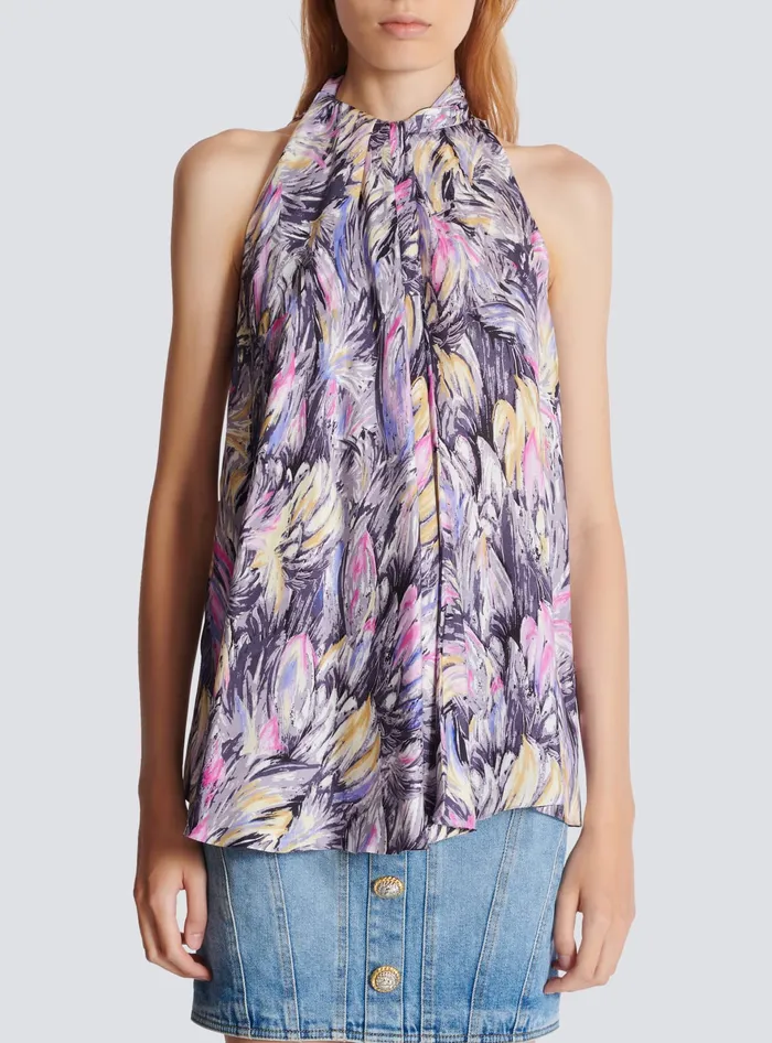 Balmain Tops And Shirts Women Pussybow Top With Feather Print Multicolor