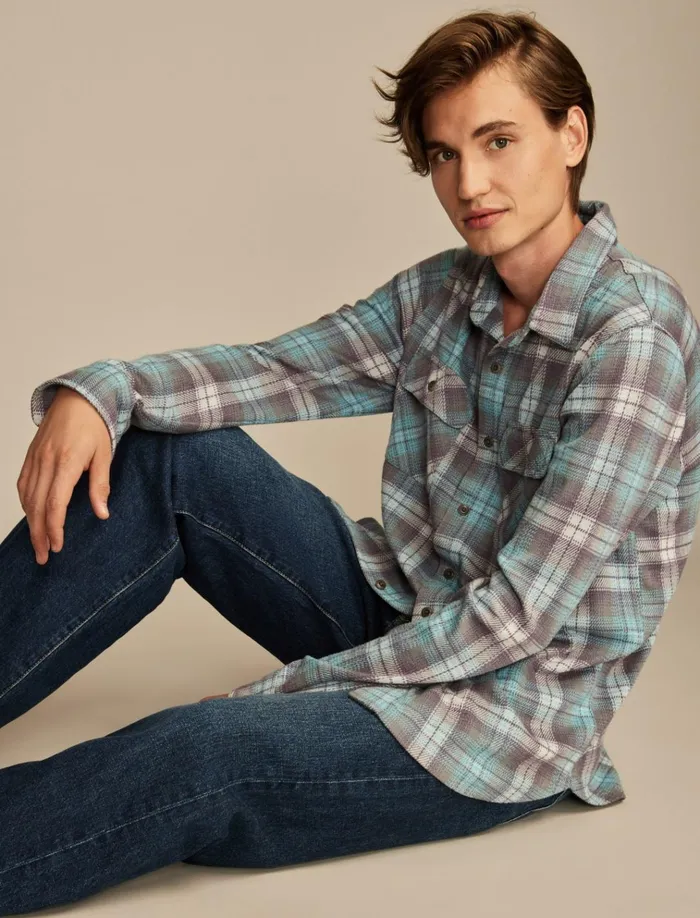 Brushed Long Sleeve Knit Shirting Blue Multi Men Lucky Brand Shirts and Tops