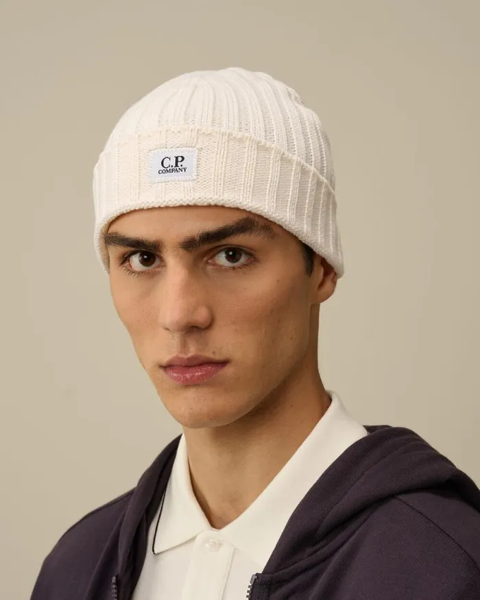 CP Company Hats Extra Fine Merino Wool Logo Beanie Gauze White 8211 Man