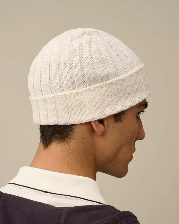 CP Company Hats Extra Fine Merino Wool Logo Beanie Gauze White 8211 Man