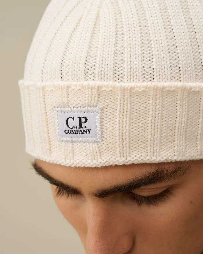 CP Company Hats Extra Fine Merino Wool Logo Beanie Gauze White 8211 Man