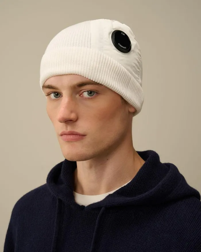 CP Company Hats Extrafine Merino Wool Lens Beanie Gauze White 8211 Man