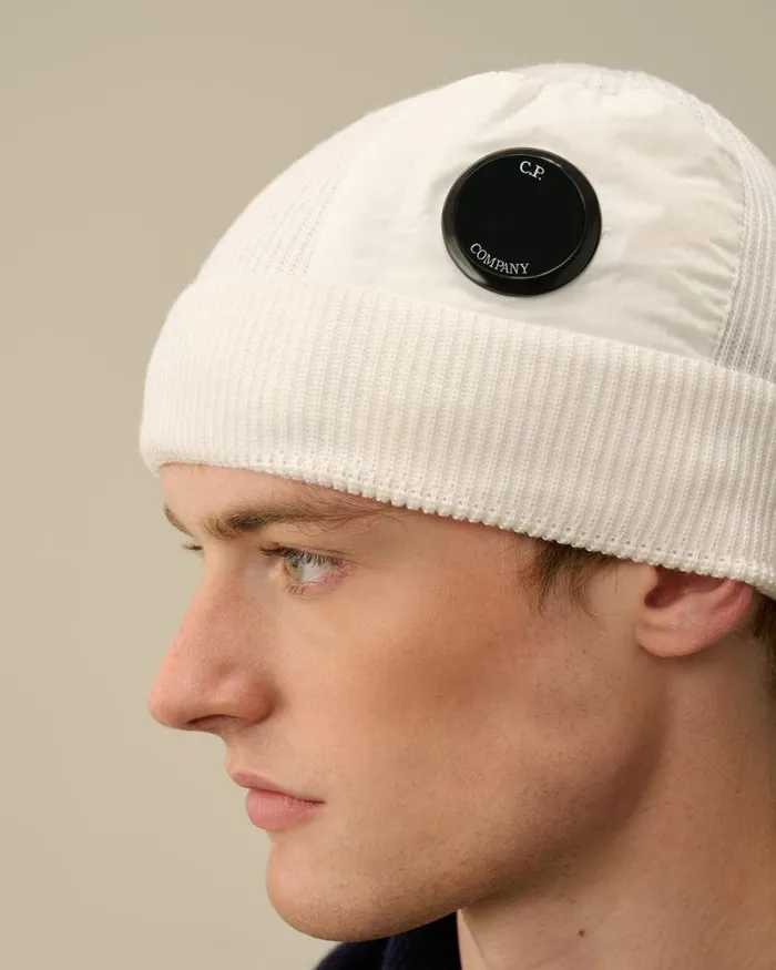 CP Company Hats Extrafine Merino Wool Lens Beanie Gauze White 8211 Man