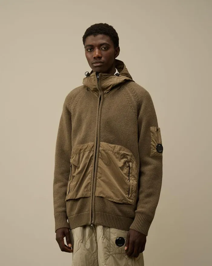 CP Company Jumpers Lambswool Mixed Hooded Full Zip Knit Walnut Beige 8211 Man