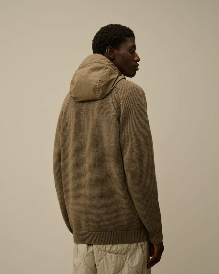 CP Company Jumpers Lambswool Mixed Hooded Full Zip Knit Walnut Beige 8211 Man